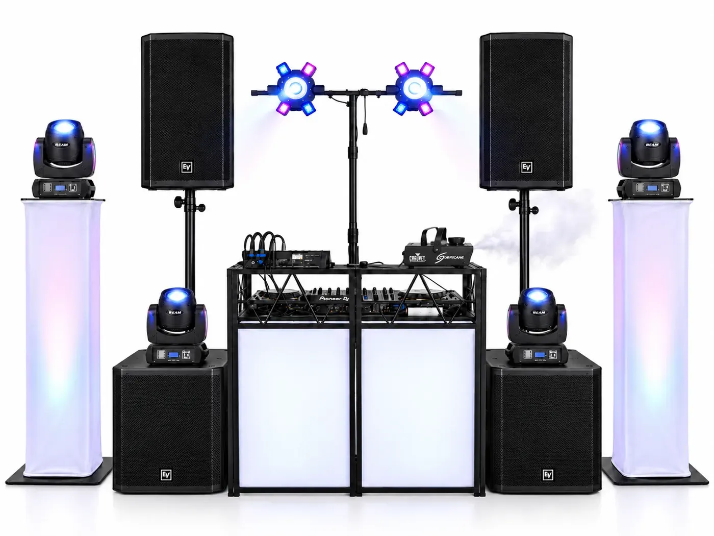 Silver package: 2 EV ZLX-15P-G2 speakers + 2 ELX200-18SP subs, 2 × 18-inch 1,200 W subwoofers, 2 Spider + 4 MINGJIE (2 on totems) · 2 LED backlights, Fog machine with standard-event fluid